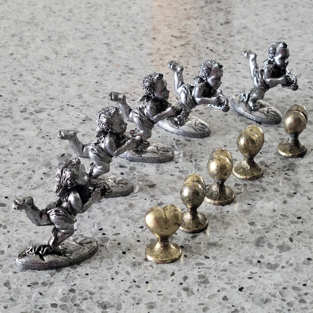 SET OF 10 PICES OF MINIATURE METZKE PEWTER 5 CUPIDS AND 5 HARD SHAPE, SIGNED.